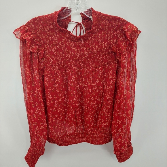 Free People Tops - Free People Berry Comb Red Puff Sleeve Georgette  Red Ruffle M cottagecore